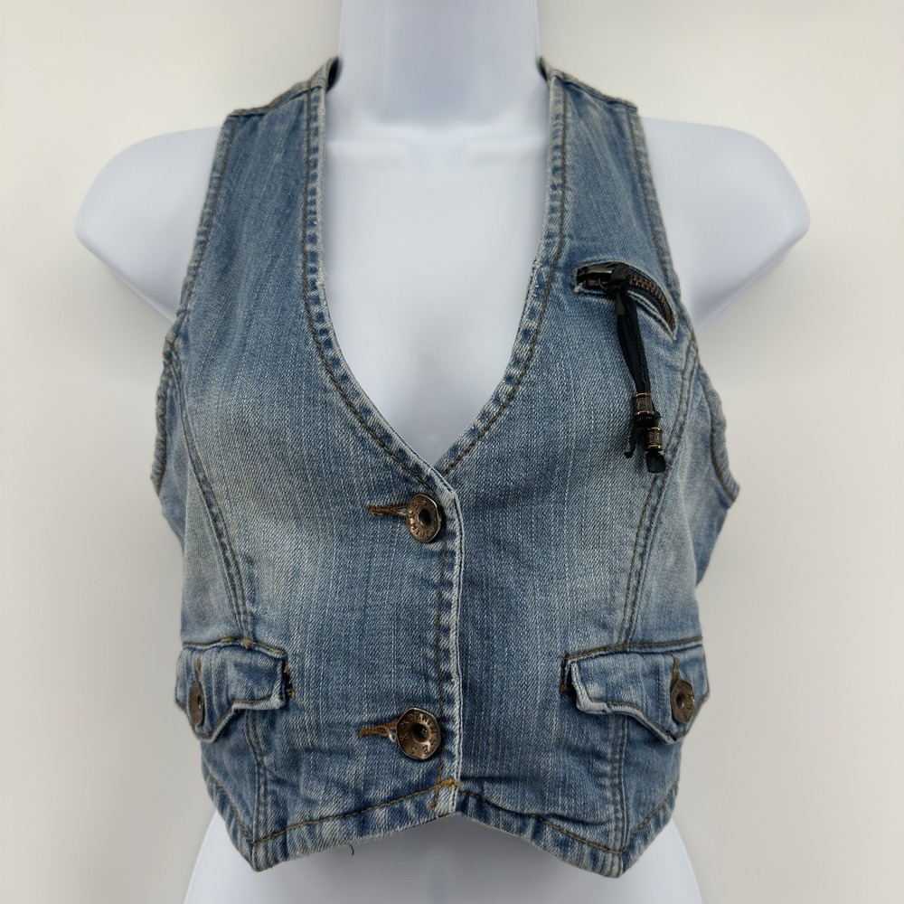 Classic Blue Denim Crop Vest with Button Accents